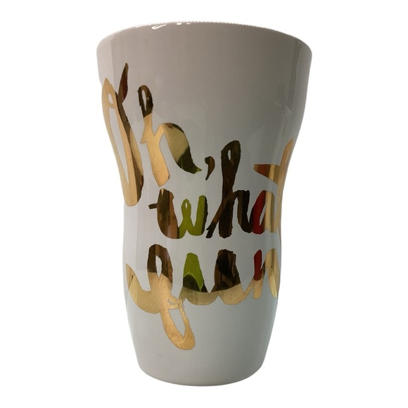 Starbucks 2014 - 9 oz White & Gold Oh What Fun Ceramic Travel Mug With Lid - Picture 1 of 4